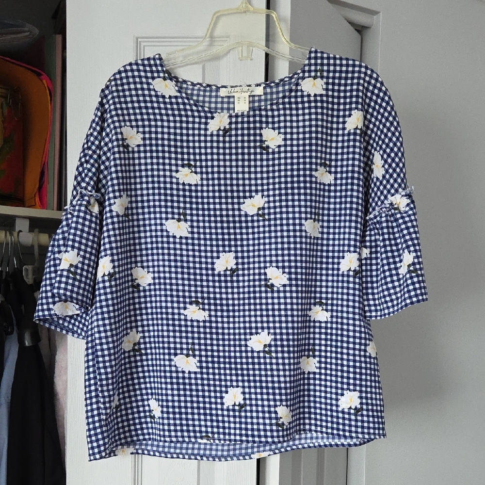 Blue Gingham Floral Blouse